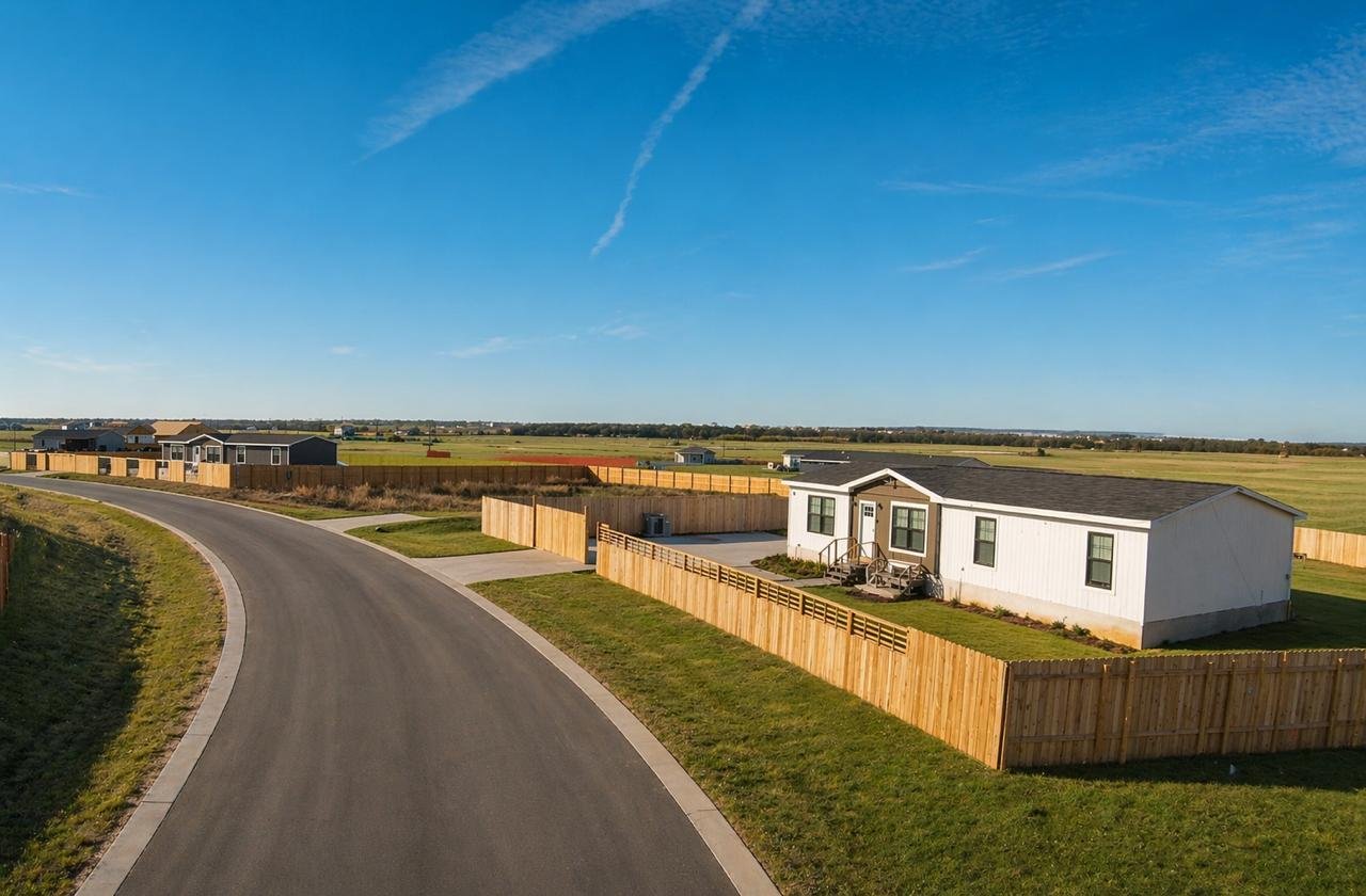 Aerial view of a new manufactured home in the Altamira community, Elgin, Texas