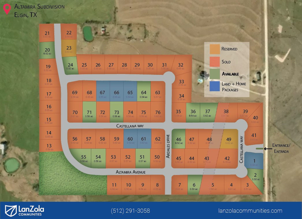 Altamira subdivision map showing lot numbers, sizes, and availability status